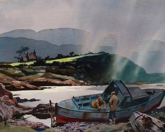 2035
John Pike
1911-1979
Fishermen In A Docked Boat
Watercolor on paper
Signed lower left: John Pike
Sight: 21.25" H x 29" W
Estimate: $500 - $700