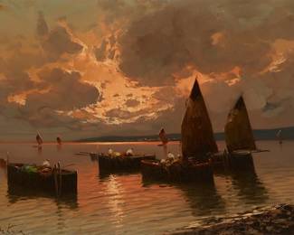 2036
Arturo De Luca
1885-1971
Fishing Boats At Sunset
Oil on canvas
Signed lower left: De Luca
19.5" H x 27.5" W
Estimate: $500 - $700