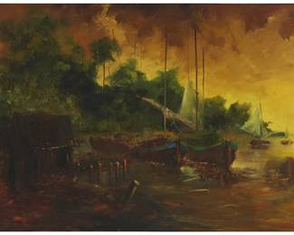 2039
Maria Del Carmen Calvo
1937-2019
Boats At Dock
Oil on Masonite
Signed lower right: Calvo
58" H x 36" W
Estimate: $500 - $700