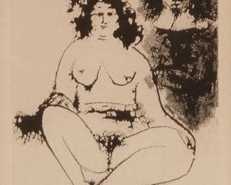 2045
Pablo Picasso
1881-1973
"Fat Prostitute And Musketeer," From "347 Series," 1968
Aquatint on paper
Edition: XXIV/XXX, one of 30 hors commerce
Unsigned; dated in the plate at the upper left; unnumbered (specific edition information for this impression based on a xeroxed copy of a full set's signed and numbered justification page which is affixed to the frame's backboard); Galerie Louise Leiris, Paris, pub.
Plate: 4.75" H x 3.375" W
Estimate: $500 - $700