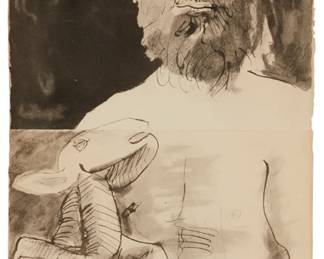 2046
After Pablo Picasso
1881-1973
"Etude Pour 'L'homme Au Mouton'"
Lithograph on two sheets of paper
Edition: 81/500
Unsigned; with the green signature stamp lower right; numbered in pencil near the center of the lower edge
Sheet/Image: 42.5" H x 16" W
Estimate: $400 - $600
