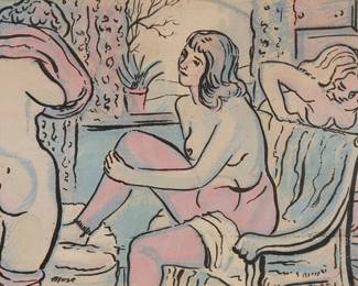 2047
Isaac Muse
1906-1996
"At The Ski Lodge"
Screenprint in colors on paper
Signed in the image in the lower edge, at left: Muse; titled in pencil in the lower left margin corner
Image: 14" H x 19" W; Sheet: 18" H x 22.5" W
Estimate: $300 - $500