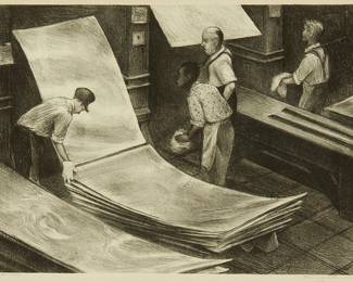 2048
Minna Citron
1896-1991
"Sheet Aluminum", 1940
Lithograph on paper
From an edition of 20
Signed, dated, and inscribed in pencil in the lower margin, at right: Minna Citron S.A.E [Society of American Engravers] / ed. 20 litho.
Image: 11" H x 15" W; Sight: 11.5" H x 15.5" W
Estimate: $500 - $700