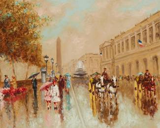 2050
Andre Gisson
1921-2003
Parisian Street Scene In The Rain
Oil on canvas
Signed lower left: A. Gisson
23.5" H x 36" W
Estimate: $1,000 - $1,500