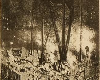 2049
Joseph Pennell
1857-1926
"The Foundations - Building A Skyscraper," 1910
Lithograph on ivory paper, watermark Ingres d'Arches MBM
From the edition of 25
Signed in pencil in the lower margin, at center: Pennell; with the Heinrich Stinnes purple ink stamp in the lower left margin corner; titled in pencil, verso; titled again and dated on a label affixed to the frame's backing paper
Image: 22.5" H x 17.375" W; Sheet: 24.875" H x 18.625" W
Estimate: $300 - $500