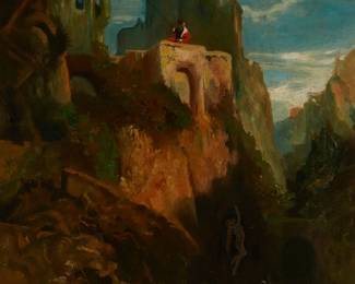 2053
19th Century European School
Fisher and bathers near a castle on a cliff
Oil on board
Signed indistinctly lower left
23" H x 19" W
Estimate: $600 - $800