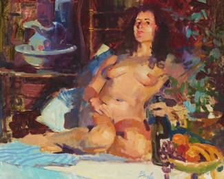 2058
Neil Boyle
1931-2006
"Caveat Emptor (Let The Buyer Beware)"
Oil on canvas
Signed and inscribed lower right: Boyle / BSWCA; titled in green ink on the stretcher
20" H x 24" W
Estimate: $500 - $700