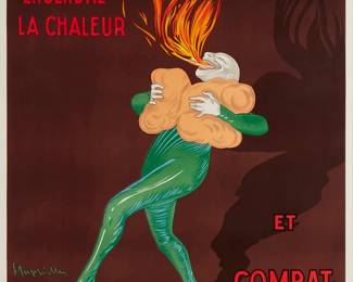 2063
Leonetto Capiello
1875-1942
"Le Thermogene," Circa 1930
Lithograph in colors on paper
From the edition of unknown size and date
Unsigned; Imprimerie Marci, Brussels, prntr.
Image: 37.5" H x 27.75" W; Sight: 38.75" H x 29" W
Estimate: $600 - $800