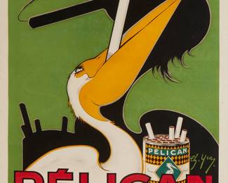 2065
Charles Yray
20th century
Pelican Cigarettes, Circa 1930
Lithograph in colors on paper
From the edition of unknown size and date
Signed in the stone lower right: Ch. Yray
Image: 29" H x 21.25" W; Sight: 31.25" H x 23.25" W
Estimate: $300 - $500