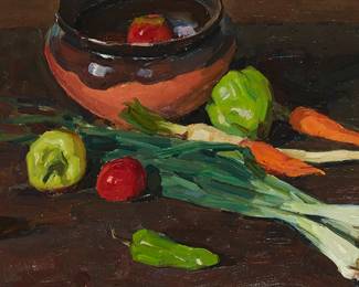 2072
Viktor Ivanovich Kalashnikov
1923-1992
Radishes And Onions
Oil on board
Initialed lower left: VIK
12" H x 19" W
Estimate: $400 - $600