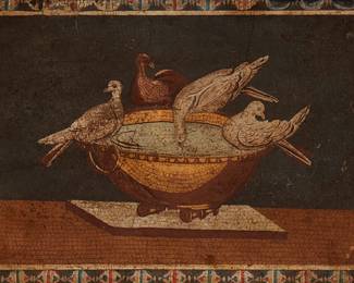 2074
19th century
A "Doves Of Pliny" Grand Tour Souvenir Plaque
The framed enamel plaque depicting the Roman micromosaic "Doves of Pliny" after Sosos of Perguma
8" H x 12.75" W
Estimate: $100 - $200