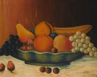 2075
19th Century Folk Art Style
Still Life With Bowl Of Fruit
Oil on board
Initialed lower right: F.D.
12" H x 16.25" W
Estimate: $100 - $200