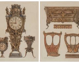2078
After Giovanni Battista Piranesi
1720-1778
"Two Clocks, One Seat, Two Carriage Rooms, And One Indeterminate Piece Of Furniture," Plate 59 From "Diverse Maniere D'Adornare I Cammini," Circa 1769
Etching with hand-coloring on paper
Unsigned; numbered in the plate of the left image, lower right: 59; inscribed in the plate of the right image, lower left: Cavalier Piranesi inv. ed inc.
Plate of each: 8.5" H x 6.5" W; Sight of each: 9.25" H x 7.125" W
Estimate: $400 - $600