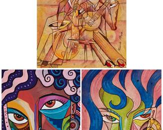 2081
Ricardo Maya (B. 1969)
Three works:

Two figures playing instruments
Mixed media on paper laid to foamboard
Signed along the lower right edge: Ricardo Maya
Sight: 10.75" H x 9" W

Pink and purple abstract portrait
Mixed media on paper laid to foamboard
Signed lower right: Ricardo Maya; signed again on the lower right edge of the frame
Sight: 9.25" H x 7" W

Blue and pink abstract portrait
Mixed media on paper laid to foamboard
Signed lower right: Ricardo Maya
Sight: 9.125" H x 7.125" W

3 pieces
Estimate: $300 - $500