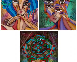 2082
Ricardo Maya (B. 1969)
Three works:

Woman with fish hat
Acrylic on artist's board
Signed lower right; signed again and with artist's thumbprint, verso
16" H x 12" W

Woman with seahorse hat
Acrylic on artist's board
Signed lower left; signed again and with artist's thumbprint, verso
16" H x 12" W

Woman with Quetzalcoatl hat
Acrylic on artist's board
Signed lower right; signed again and with artist's thumbprint, verso
16" H x 12" W
Estimate: $300 - $500