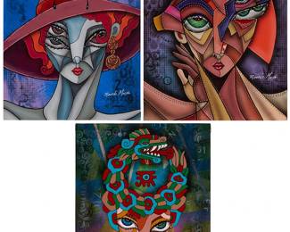 2083
Ricardo Maya (B. 1969)
Three works:

Woman with butterfly hat
Acrylic on artist's board
Signed lower right; signed again and with the artist's thumbprint
16" H x 12" W

Woman with a bird hat
Acrylic on artist's board
Signed lower right; signed again and with the artist's thumbprint
16" H x 12" W

Woman with Quetzalcoatl hat
Acrylic on artist's board
Signed lower left; signed again and with the artist's thumbprint
16" H x 12" W
Estimate: $300 - $500