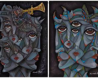 2085
Ricardo Maya (B. 1969)
Two works:

Abstract faces with trumpet
Acrylic on artist's board
Signed lower right; signed again and with the artist's thumbprint, verso
16" H x 12" W

Abstract faces with bird
Acrylic on artist's board
Signed lower right; signed again and with the artist's thumbprint, verso
16" H x 12" W
Estimate: $200 - $300