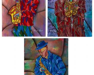 2084
Ricardo Maya (B. 1969)
Three works:

Solo sax player with a red hat
Acrylic on artist's board
Signed lower right; signed again and with the artist's thumbprint, verso
16" H x 12" W

A pair of sax players in red
Acrylic on artist's board
Signed lower left; signed again and with the artist's thumbprint, verso
16" H x 12" W

Sax player in blue
Acrylic on artist's board
Signed lower right; signed again and with the artist's thumbprint, verso
16" H x 12" W
Estimate: $300 - $500