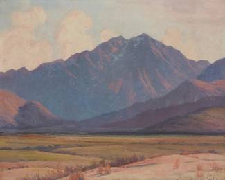 2090
Gordon Coutts
1868-1937
"Mt. San Jacinto," 1932
Oil on canvas
Signed lower right: Gordon Coutts; titled and dated in pencil on the stretcher
16" H x 20" W
Estimate: $500 - $700