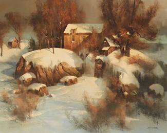 2095
Tom Nicholas
b. 1934
"Quarry Mill, Vermont"
Oil on canvas
Signed lower right: Tom Nicholas; titled in another hand on a card affixed verso
30.25" H x 40" W
Estimate: $2,000 - $3,000