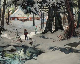 2096
John Pike
1911-1979
"My Studio – Winter"
Watercolor on paper
Signed lower right: John Pike; titled on an exhibition label affixed verso
Sight: 21.75" H x 29.5" W
Estimate: $500 - $700