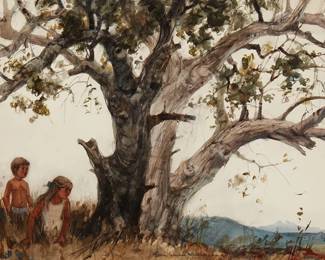 2098
Eileen Monaghan Whitaker
1911-2005
"Up Under The Big Tree"
Watercolor on paper
Signed lower center: Eileen Monaghan Whitaker; titled on a piece of tape affixed to the back of the frame
Sight: 21.5" H x 29.5" W
Estimate: $400 - $600