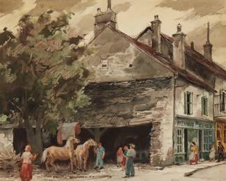 2099
Frederic Whitaker
1891-1980
"A Home For The Horses," 1969
Watercolor on paper
Signed lower left: Frederic Whitaker, N.A.; titled on the frame plaque; dated on labels on the frame's backing board.
Sight: 21.75" H x 27.25" W
Estimate: $500 - $700