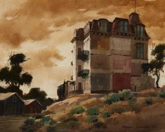 2100
Frederic Whitaker
1891-1980
"One Time Schoolhouse"
Watercolor on paper
Signed lower right: Frederic Whitaker, N.A.; titled on the frame plaque
Sight: 21.5" H x 29.75" W
Estimate: $500 - $700