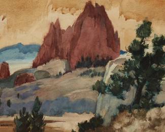 2103
Frederic Whitaker
1891-1980
"Garden Of The Gods"
Watercolor on paper
Signed lower left: F. Whitaker; titled on the frame plaque
Sight: 15.75" H x 21.75" W
Estimate: $400 - $600