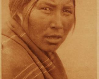 2107
Edward S. Curtis
1868-1952
"A Cree Woman," Plate 627 From "The North American Indian" Volume 18
Photogravure in brown on tissue-thin Japanese paper
From the Suffolk Engraving Co., Cambridge, MA edition printed after the 1926 original photograph copyrighted by Curtis; with the title, plate number, copyright, publisher, and artist name all printed in the blank outside the image
Image: 15.75" H x 11.5" W; 17.5" H x 12.5" W
Estimate: $200 - $400