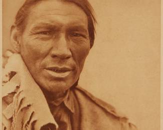 2108
Edward S. Curtis
1868-1952
"A Cree," Plate 626 From "The North American Indian" Volume 18
Photogravure in brown on tissue-thin Japanese paper
From the Suffolk Engraving Co., Cambridge, MA edition printed after the 1926 original photograph copyrighted by Curtis; with the title, plate number, copyright, publisher, and artist name all printed in the blank outside the image
Image: 15.5" H x 11.625" W; Sheet: 17.375" H x 12.625" W
Estimate: $200 - $400