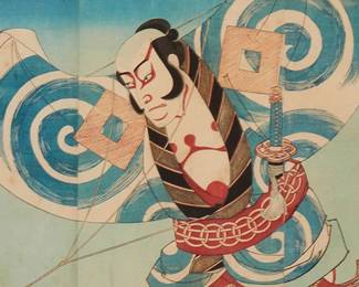 2112
Early Edo Japanese School
Kabuki figure as a kite
Woodcut in colors on three pieces of paper
With Japanese characters and the red maker's seals lower right
Sight: 13.5" H x 27.75" W
Estimate: $500 - $700