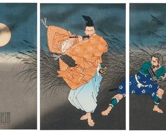 2113
Tsukioka Yoshitoshi
1832-1892
"Fujiwara Yasumasa Plays The Flute By Moonlight," 1883
Woodcut in colors on paper in a triptych format
From the edition of unknown size and date
With Japanese characters and seals in the lower portion of the sheet on the left
Sight of each sheet: 13.875" H x 9.125" W
Estimate: $800 - $1,200