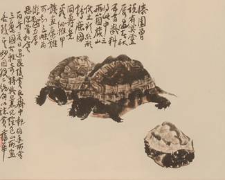 2115
20th Century Chinese School
Three turtles
Ink on paper
With Chinese characters and four red ink seals
Sight: 15.75" H x 21.5" W
Estimate: $200 - $400