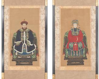 2116
20th Century Or Later Chinese School
Pair of ancestor scroll panel paintings
Paint on silk with brocade borders mounted to board
2 pieces
Image of each: 23.25" H x 11.75" W; Sight of each: 35.5" H x 16.25" W
Estimate: $200 - $300