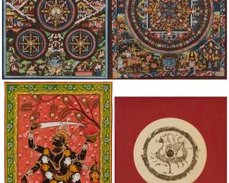 2118
A Group Of South Asian/Himalayan Framed Works
Four works

Kali figure with subdued male figure
Distemper on cloth
Image/Sheet: 20" H x 14" W

Mandala with squared temple
Distemper on cloth
Sight: 15.25" H x 13" W

Five mandalas with temples
Distemper on cloth
Sight: 15.25" H x 12" W

Han dynasty roof tile rubbing
Graphite on paper
Image: 7" H x 7.5" W; Sight: 9.125" H x 9.125" W

4 pieces
Estimate: $800 - $1,200
