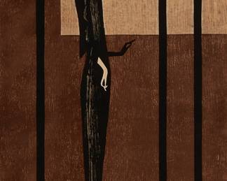 2120
Kiyoshi Saito
1907-1997
"Statue Of Asuka," 1955
Woodcut in colors on Japon paper
Edition: 16/50
Artist's red seal in the image, lower left; signed, dated, numbered, and inscribed in pencil in the lower margin: Kiyoshi Saito / Design made in 1954 Printed in 1955
Sight: 29" H x 17" W
Estimate: $500 - $700
