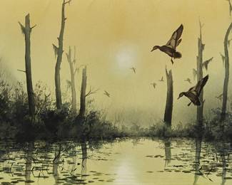 2126
Lee Cable
b. 1943
"Florida Mallards," 1979
Watercolor on paper
Signed and dated lower left: L Cable; titled on the frame plaque
Sight: 17" H x 23" W
Estimate: $200 - $400