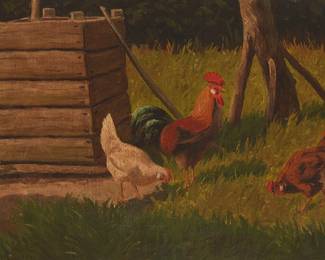 2127
20th Century American Regionalist Style
Farmyard With Chickens, 1920
Oil on canvas
Signed and dated lower left: F. Lund
12" H x 16.25" W
Estimate: $100 - $200