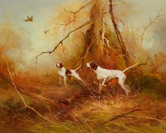 2128
Martin Kingman
20th century
Pointers Barking At Quail
Oil on canvas
Signed lower right: Kingman
24.25" H x 36" W
Estimate: $400 - $600