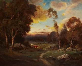 2129
Alexis Matthew Podchernikoff
1886-1933
Cows In Pasture At Sunset
Oil on board
Signed lower left: A.M. Podchernikoff
14" H x 18" W
Estimate: $800 - $1,200