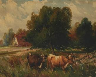 2130
20th Century Continental School
Two Cows In A Landscape, 1912
Oil on canvas
Signed indistinctly and dated lower left
16" H x 24.25" W
Estimate: $200 - $400