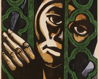 2140
Jose R. Alicea
b.1928
"El Cantar De Los Cantares VIII"
Woodcut in colors on paper
Edition P/A
Signed, titled, and inscribed [P/A] in the lower margin: Jose R. Alicea
Image: 20" H x 13.25" W; Sight: 21" H x 14" W
Estimate: $500 - $700