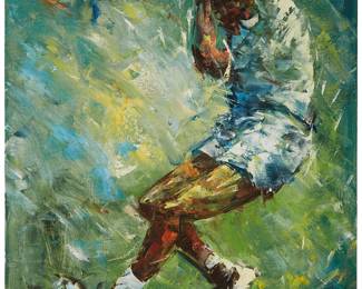 2142
In The Style Of LeRoy Neiman
1921-2012
Tennis Player Serving
Oil on canvas
Signed indistinctly lower left
36" H x 24" W
Estimate: $300 - $500