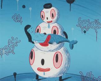 2143
Gary Baseman
b. 1960
"The Ultimate Sacrifice" From "The Frostig Collection 2007 Portfolio," 2006
Lithograph in colors on paper
Edition: 2/100
Signed and dated in pencil lower right: Baseman; Angeles Press, Santa Monica, CA, prntr.; The Frostig Center, Pasadena, CA, pub.
Sight: 19.5" H x 14.25" W
Estimate: $500 - $700