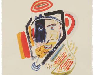 2144
After Henry Miller
1891-1980
Abstracted Face, 1991
Offset lithograph in colors on paper
Edition 173/200
With the printed signature and numbered in pencil in the lower margin; with the copyright date blindstamp in the lower left corner; Coast Publishing, CA, pub.
Image: 19" H x 16" W approx.; Sheet: 25.75" H x 22.25" W
Estimate: $100 - $200