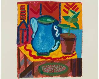 2146
After Henry Miller
1891-1980
"Blue Pitcher," 1991
Screenprint in colors on paper
Edition: 27/200
With the printed signature and numbered in pencil in the lower margin; with copyright date blindstamp near the lower edge, at left; Coast Publishing, CA, pub.
Image: 15" H x 13" W; Sheet: 21" H x 19" W
Estimate: $100 - $200