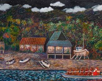 2155
Guy Buffet
b. 1943
Santa & Reindeer In Boat By The Shore
Acrylic on canvas
Signed lower right: Guy Buffet
24.75" H x 30.75" W x 2.75" D
Estimate: $800 - $1,200