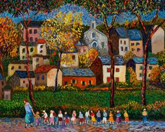 2157
Guy Buffet
b. 1943
"Near Rodez, Back To School," 2010
Acrylic on canvas
Signed lower right: Guy Buffet; signed again, titled, and dated verso
17" H x 23" W
Estimate: $800 - $1,200