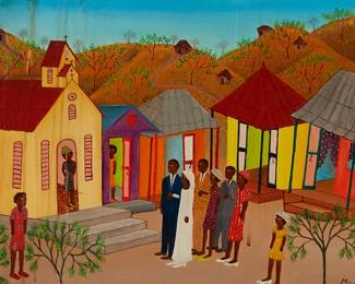 2158
Micius Stephane
1912-1996
Marriage Procession
Oil on Masonite
Signed lower right: M. Stephane
16" H x 24.25" W
Estimate: $300 - $500